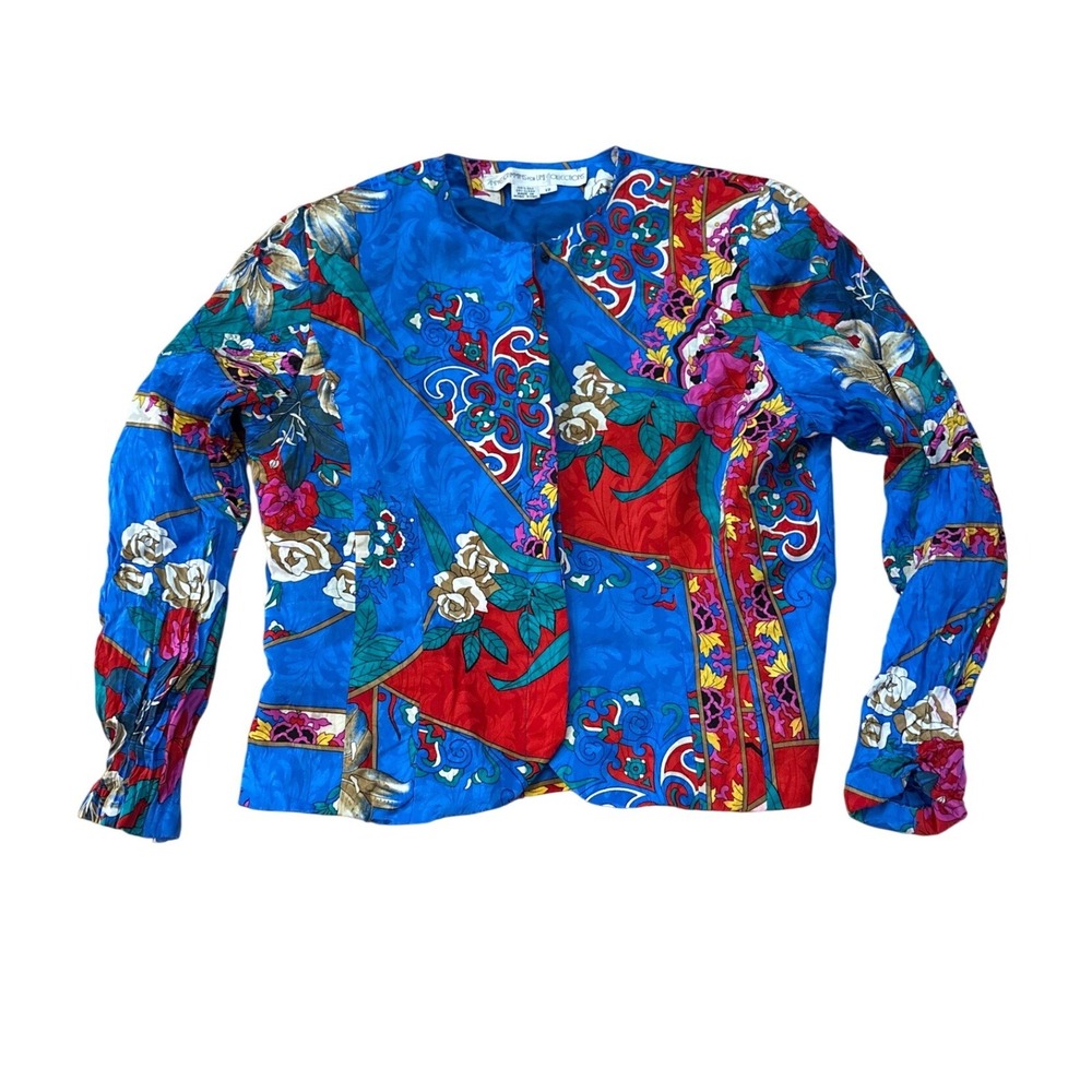 Anne Crimmins UMI Collections Blouse Womens Blue Floral Silk Scarf Print SIZE 12